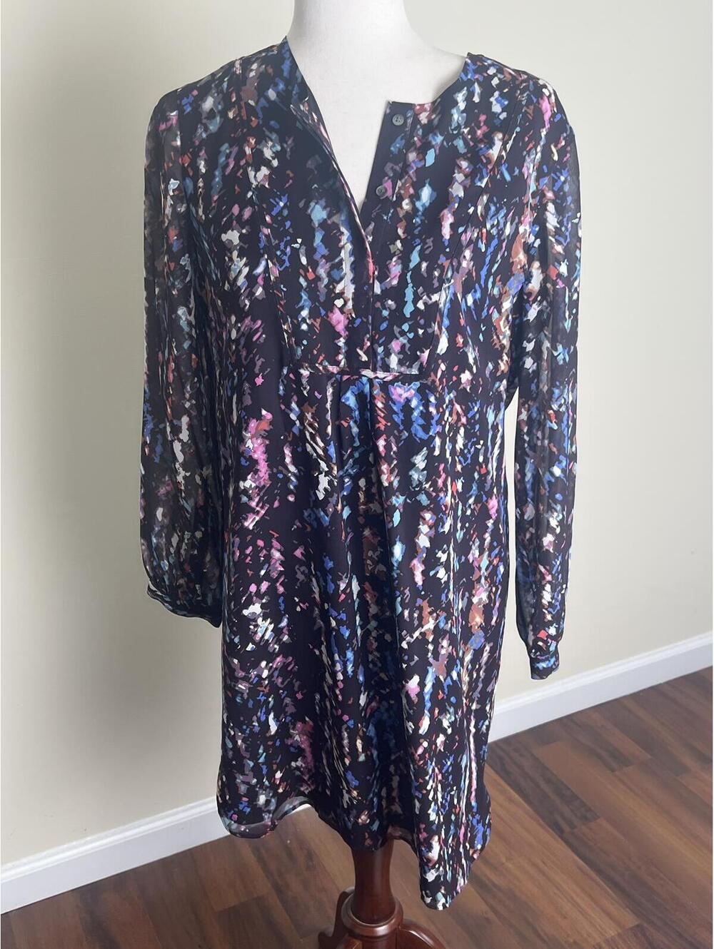 100% Silk Abstract Print Dress M Sheer Sleeve Elastic Waist Lined Mini Dress